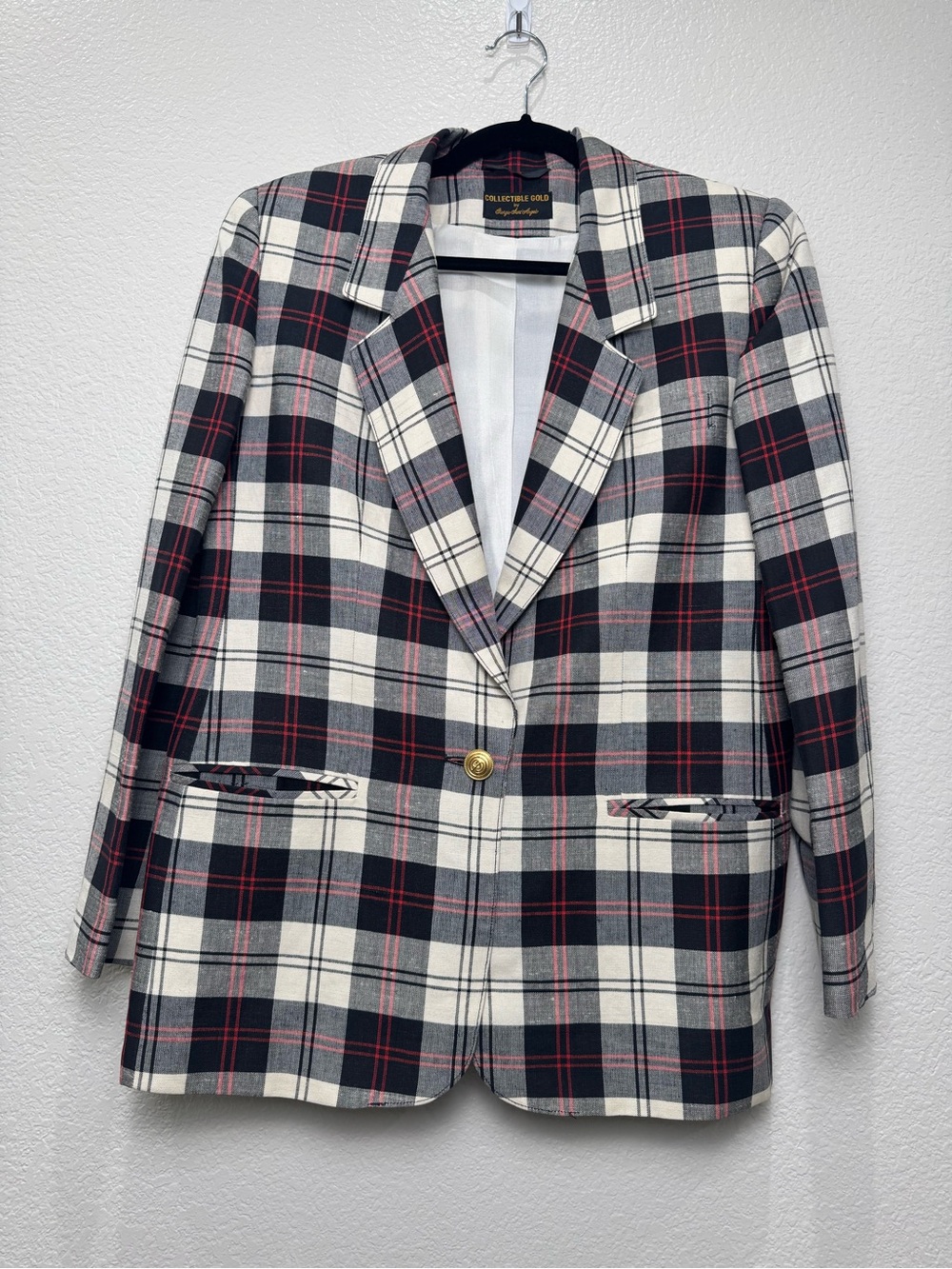 Vintage Giorgio Sant Angelo Blazer Womens 10 Plaid Linen Gold Button 80s 90s